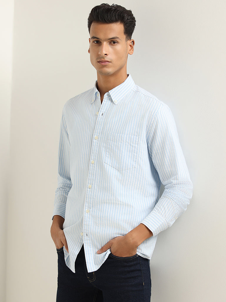 WES Casuals Light Blue Striped Cotton Blend Relaxed Fit Shirt