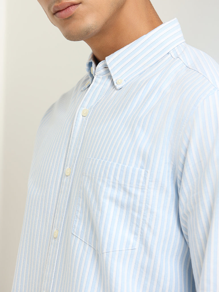 WES Casuals Light Blue Striped Cotton Blend Relaxed Fit Shirt