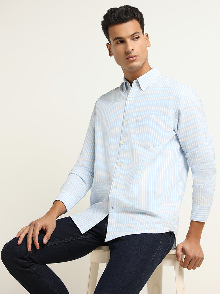 WES Casuals Light Blue Striped Cotton Blend Relaxed Fit Shirt