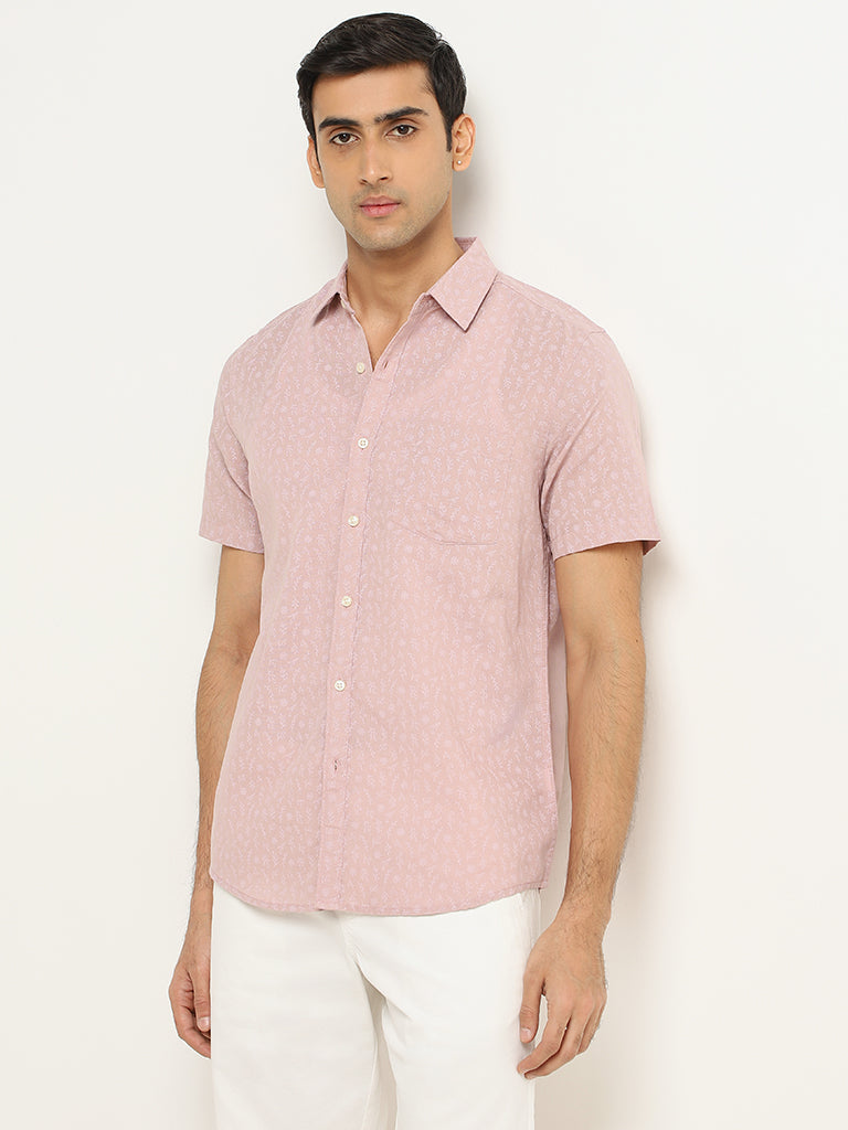 WES Casuals Pink Printed Slim Fit Blended Linen Shirt