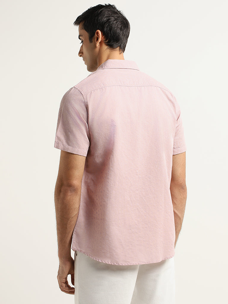 WES Casuals Pink Printed Slim Fit Blended Linen Shirt