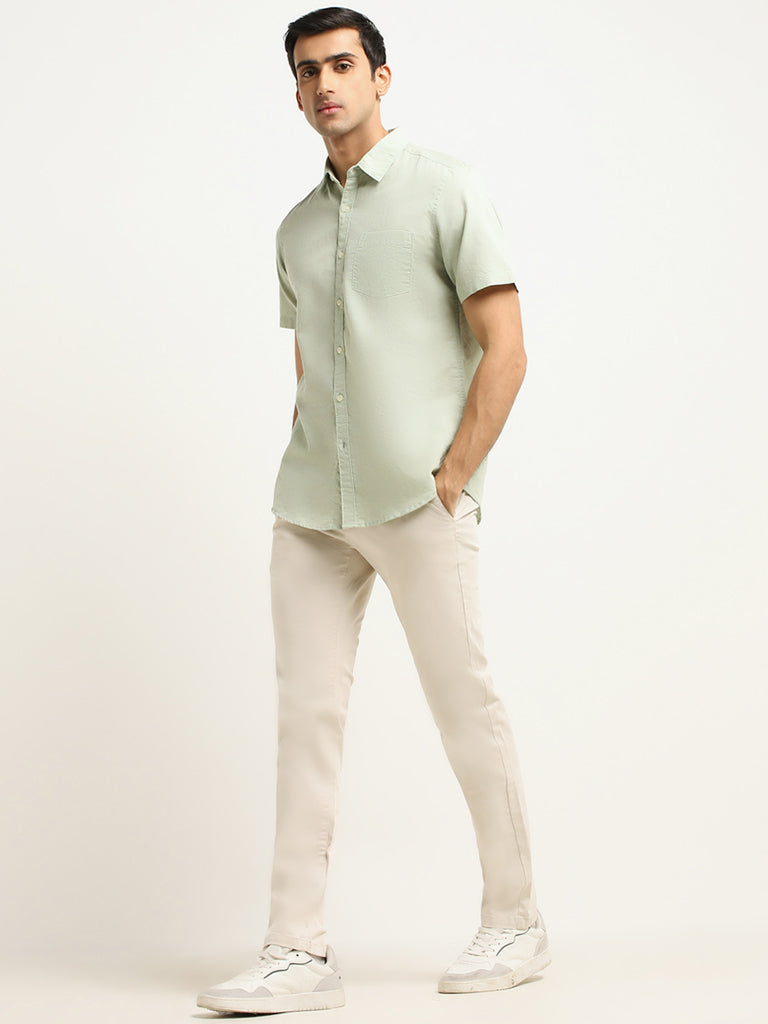 WES Casuals Green Printed Cotton Slim Fit Shirt