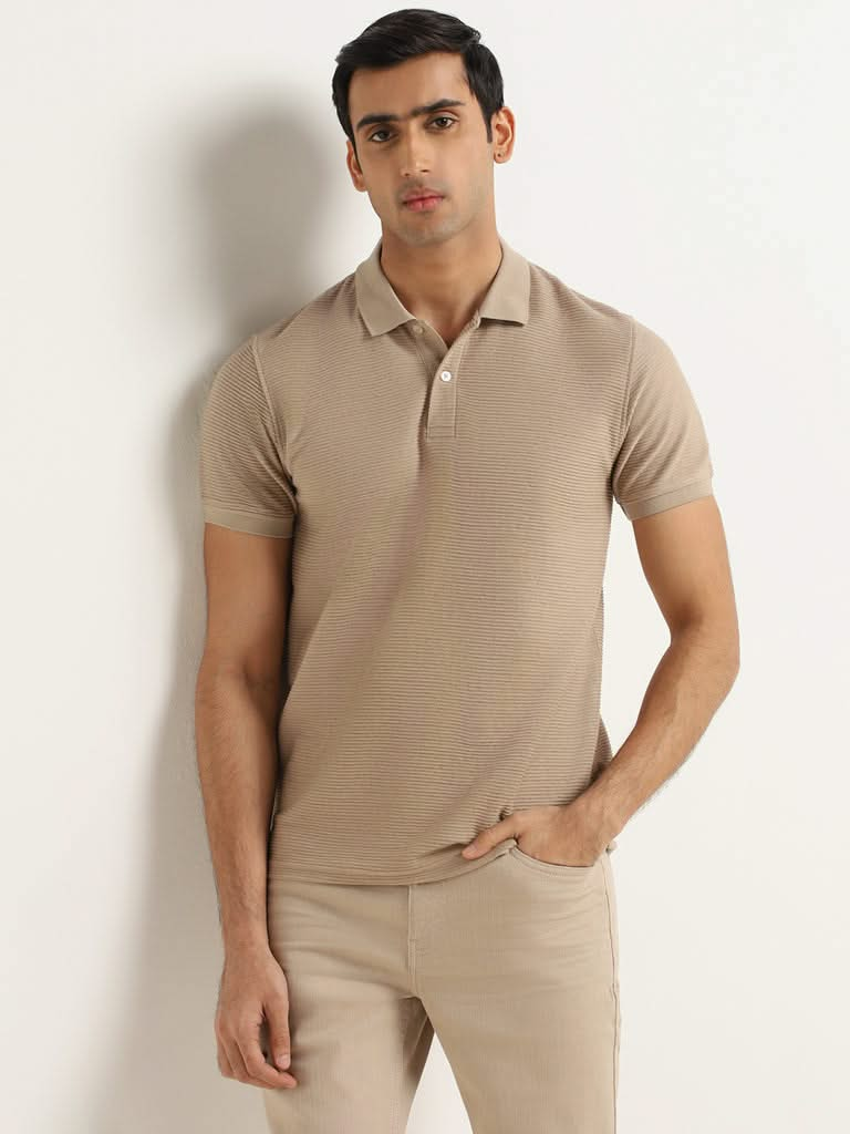 WES Casuals Beige Self-Patterned Cotton Blend Slim Fit T-Shirt