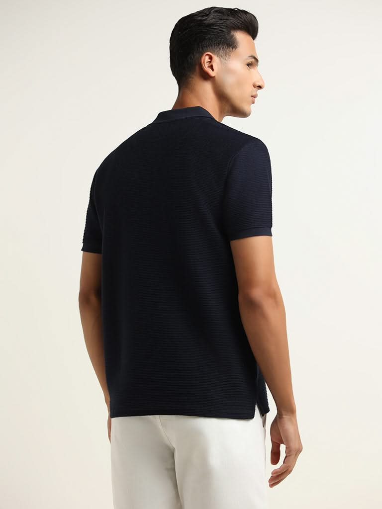 WES Casuals Navy Self-Patterned Cotton Blend Slim Fit T-Shirt