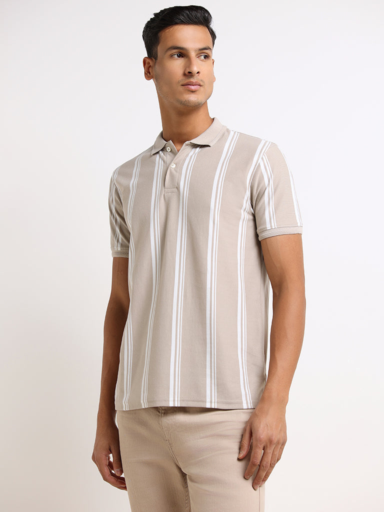 WES Casuals Beige Striped Cotton Relaxed Fit Polo T-Shirt