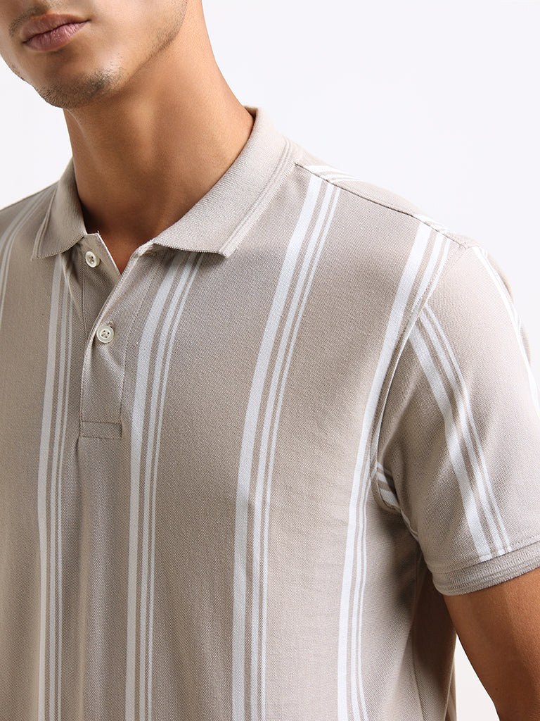 WES Casuals Beige Striped Cotton Relaxed Fit Polo T-Shirt