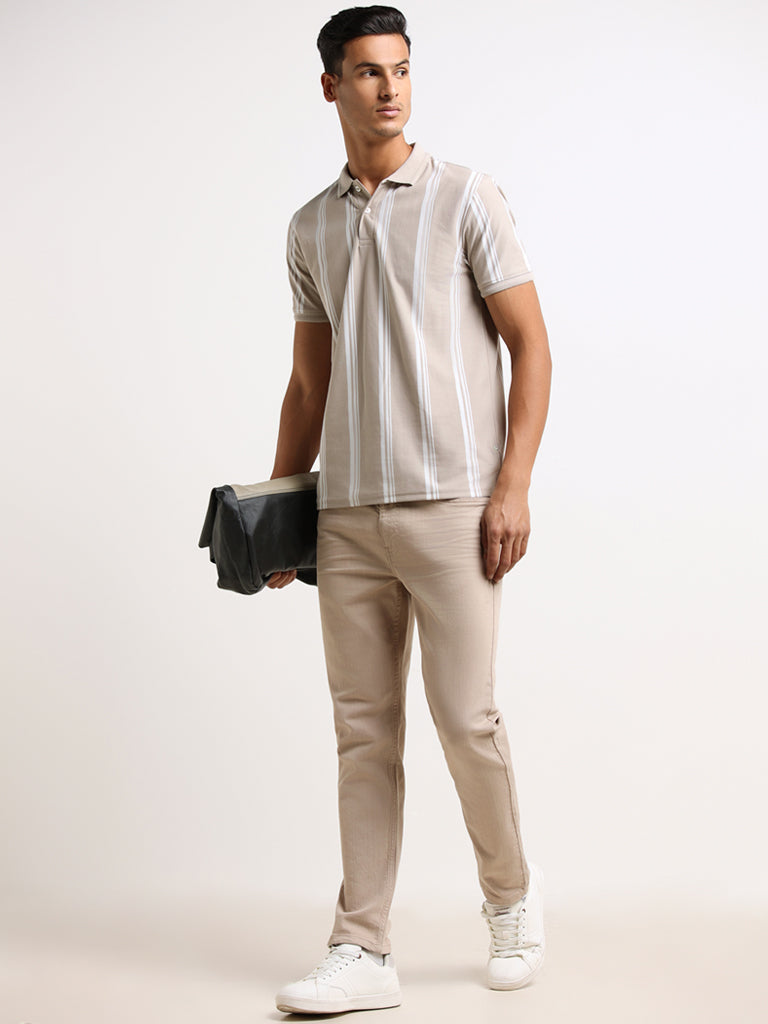 WES Casuals Beige Striped Cotton Relaxed Fit Polo T-Shirt