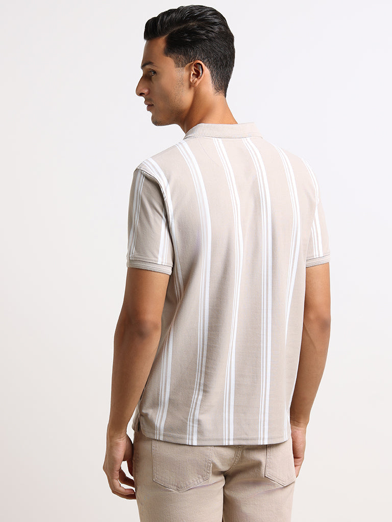 WES Casuals Beige Striped Cotton Relaxed Fit Polo T-Shirt