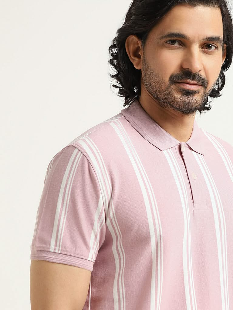 WES Casuals Pink Striped Cotton Slim Fit T-Shirt