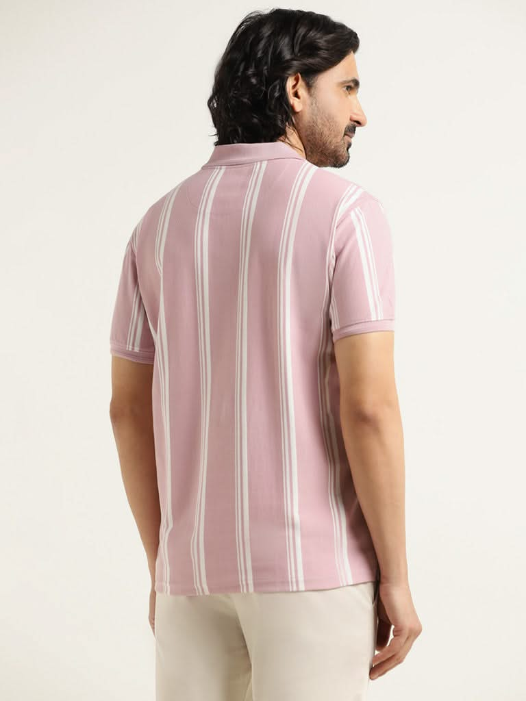 WES Casuals Pink Striped Cotton Slim Fit T-Shirt