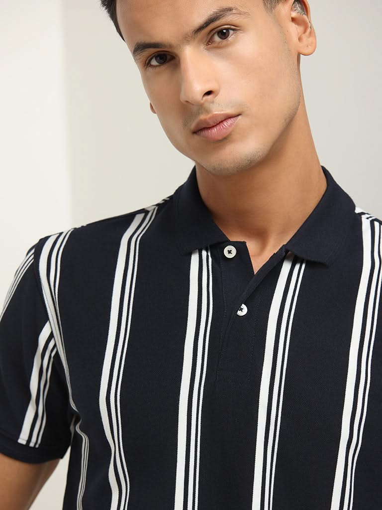 WES Casuals Navy Striped Cotton Slim Fit T-Shirt