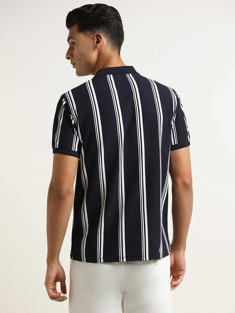 WES Casuals Navy Striped Cotton Slim Fit T-Shirt