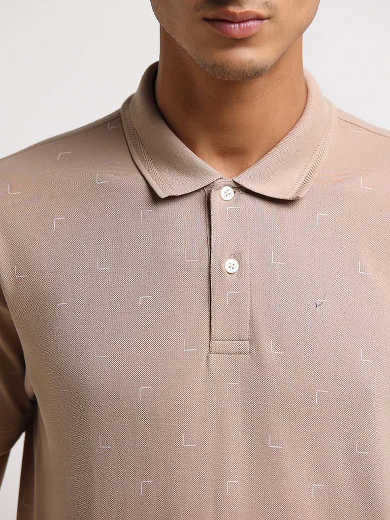 WES Casuals Beige Cotton Relaxed Fit Polo T-Shirt