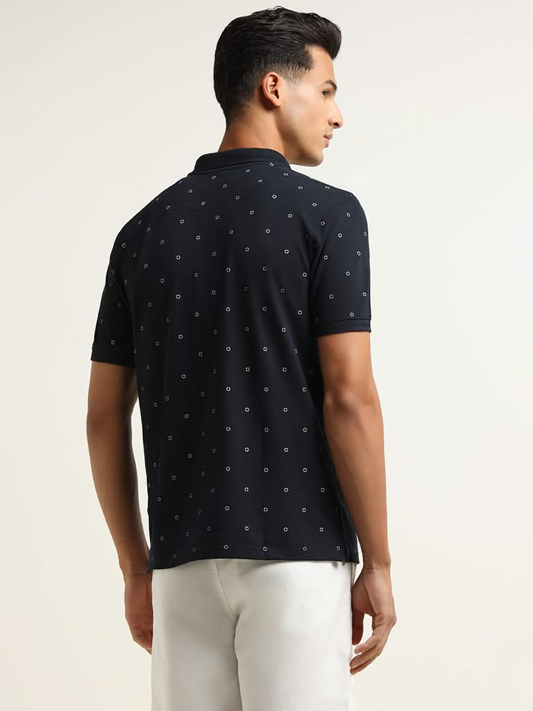 WES Casuals Navy Printed Cotton Blend Slim Fit T-Shirt