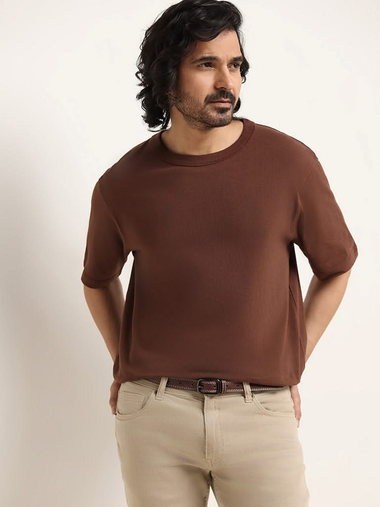 WES Casuals Brown Cotton Blend T-Shirt