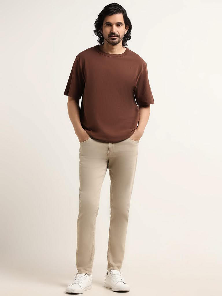 WES Casuals Brown Cotton Blend T-Shirt