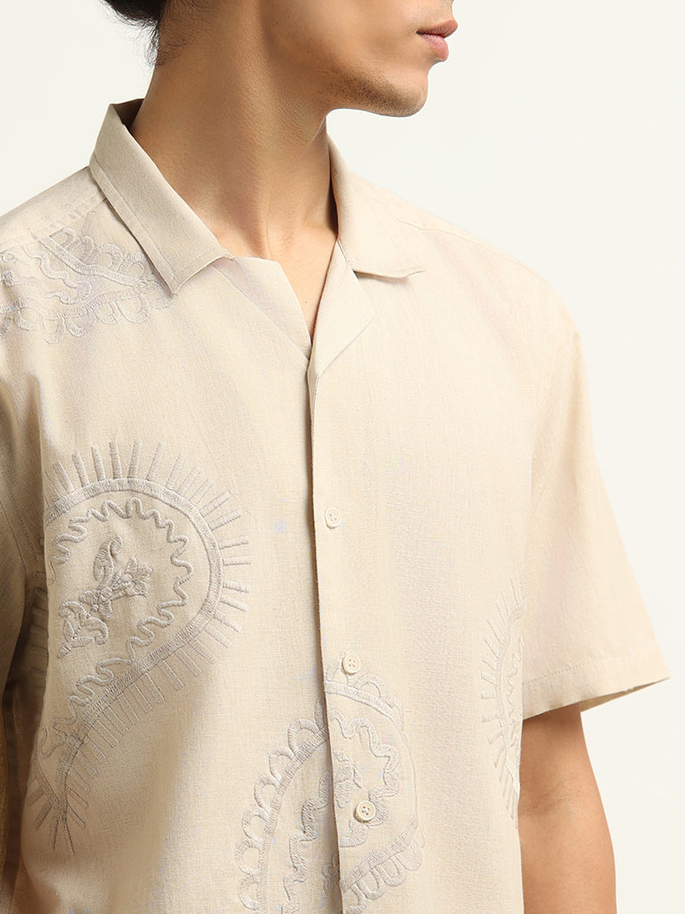 ETA Beige Embroidered Cotton Relaxed Fit Shirt