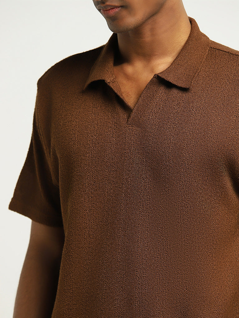 ETA Brown Self-Patterned Relaxed Fit Polo T-Shirt