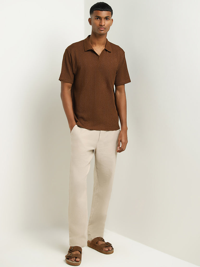 ETA Brown Self-Patterned Relaxed Fit Polo T-Shirt