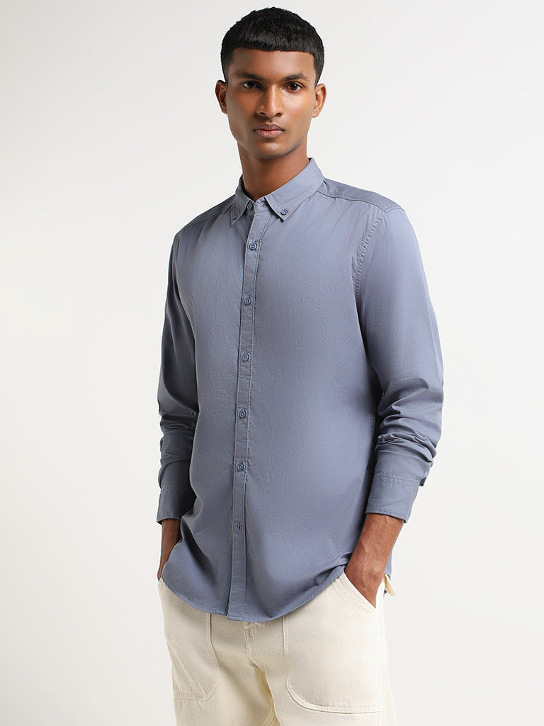 Nuon Plain Blue Cotton Relaxed Fit Shirt