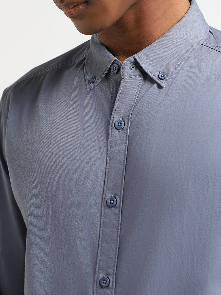 Nuon Plain Blue Cotton Relaxed Fit Shirt