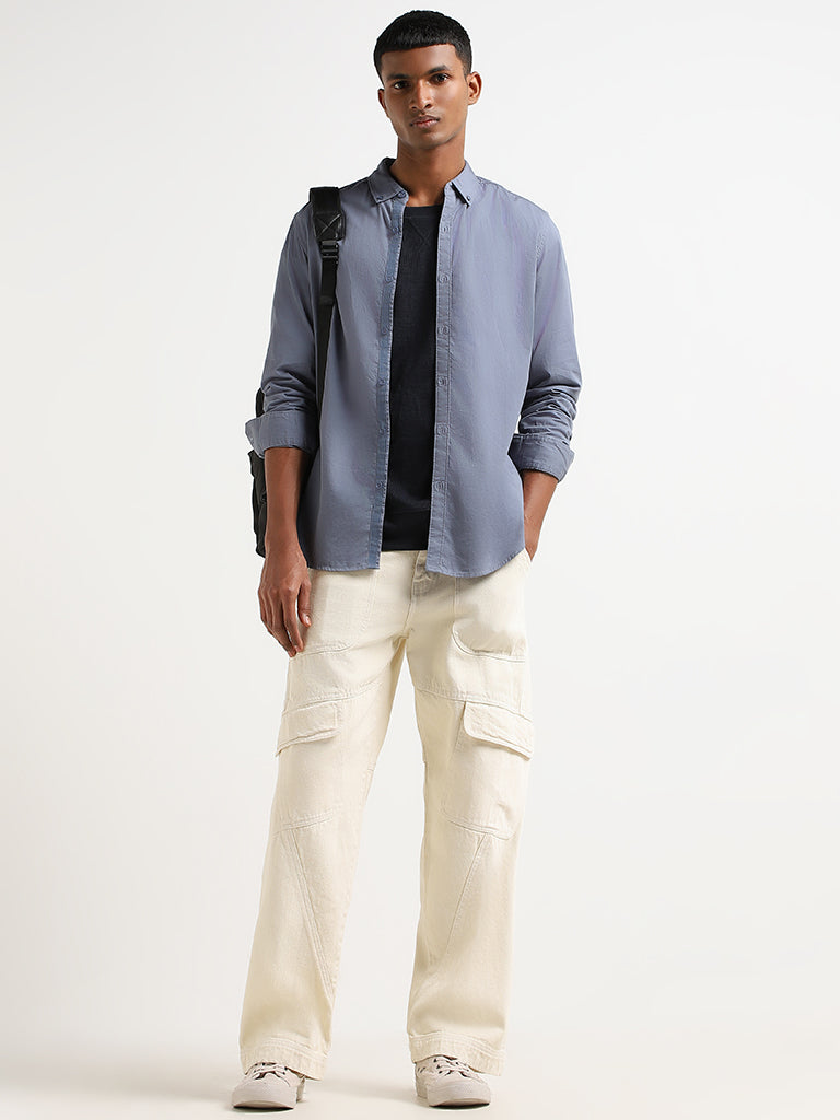 Nuon Plain Blue Cotton Relaxed Fit Shirt