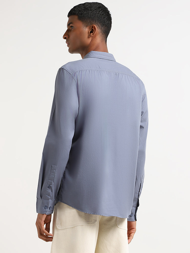 Nuon Plain Blue Cotton Relaxed Fit Shirt