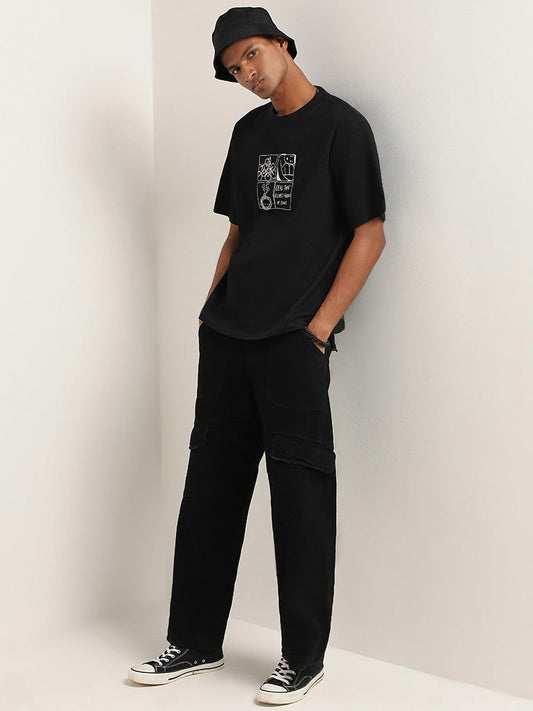 Nuon Black Embroidered Cotton Relaxed Fit T-Shirt