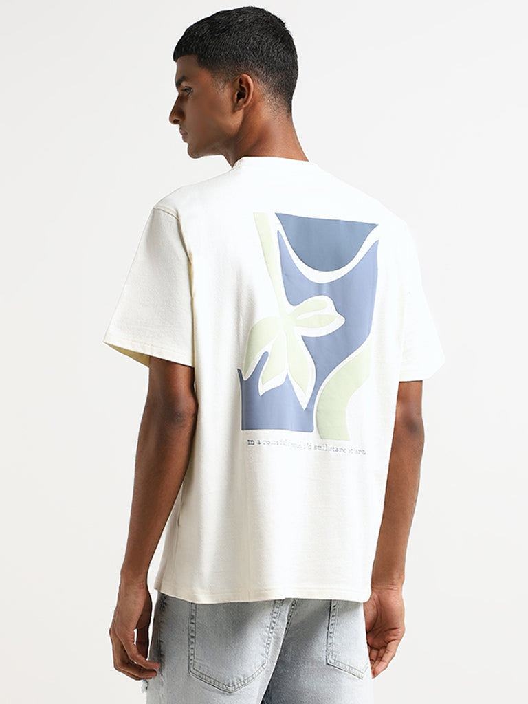 Nuon Off-White Embroidered Cotton Relaxed Fit T-Shirt