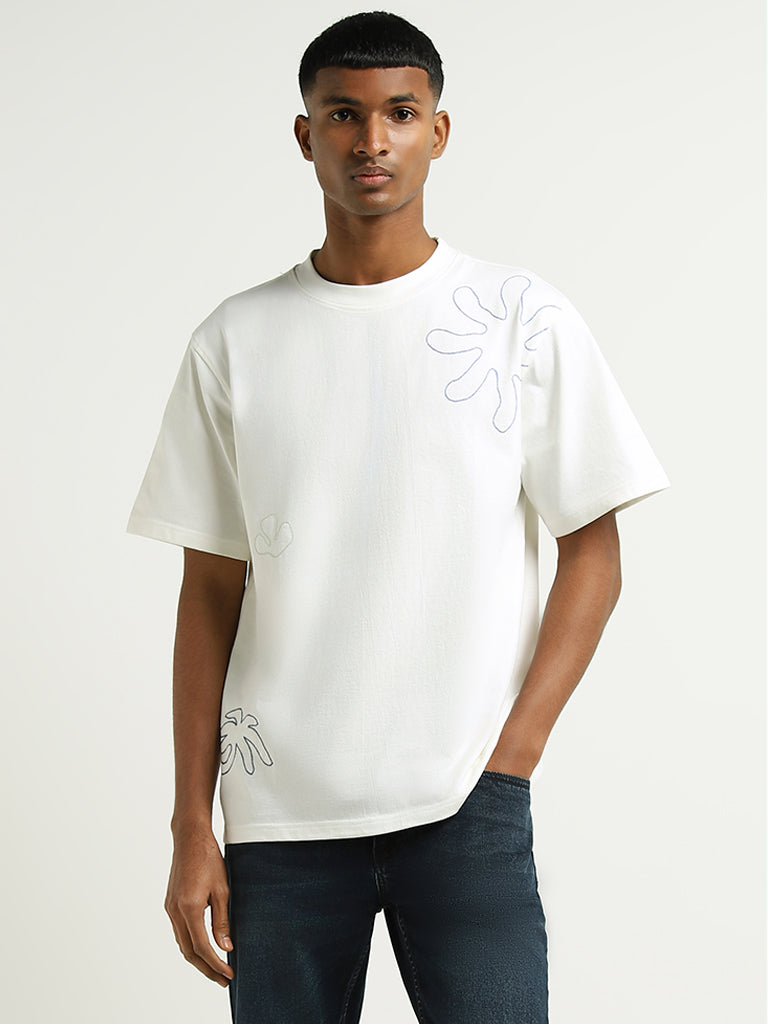 Nuon Off-White Embroidered Cotton T-Shirt