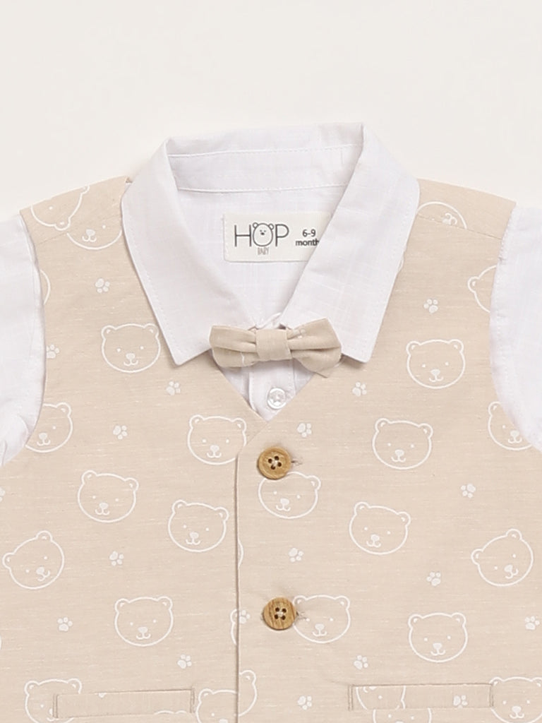 HOP Baby Beige Shirt, Waistcoat, Shorts & Bow Set