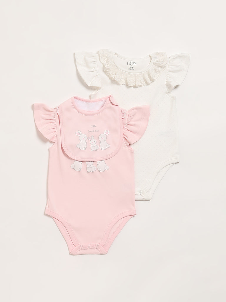 HOP Baby Multicolor Lace-trim Romper with Bib - Pack of 2