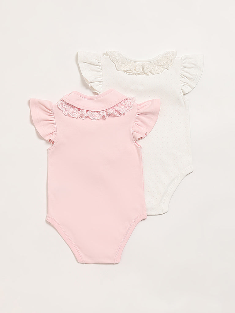 HOP Baby Multicolor Lace-trim Romper with Bib - Pack of 2