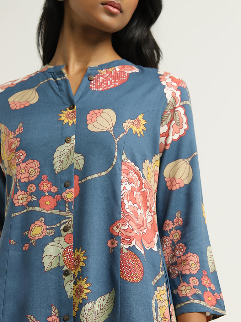 Utsa Indigo Floral Printed Kurta