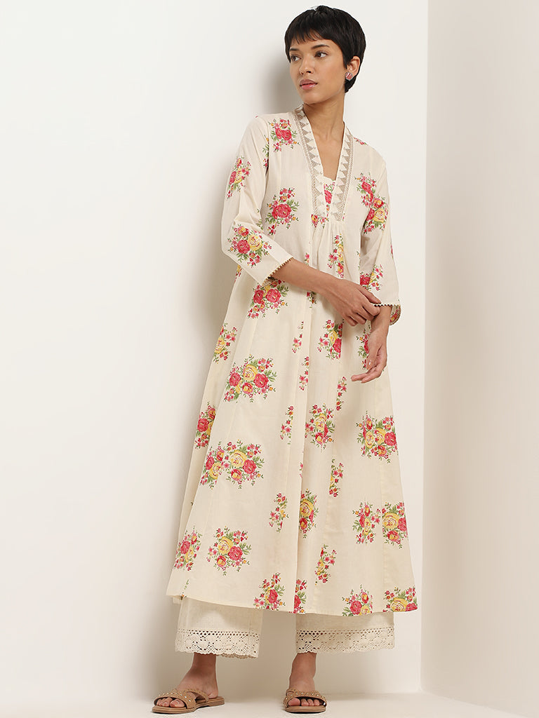 Utsa Off-White Floral Print Cotton Kurta