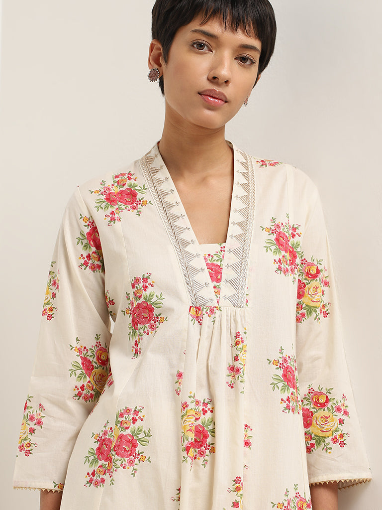 Utsa Off-White Floral Print Cotton Kurta