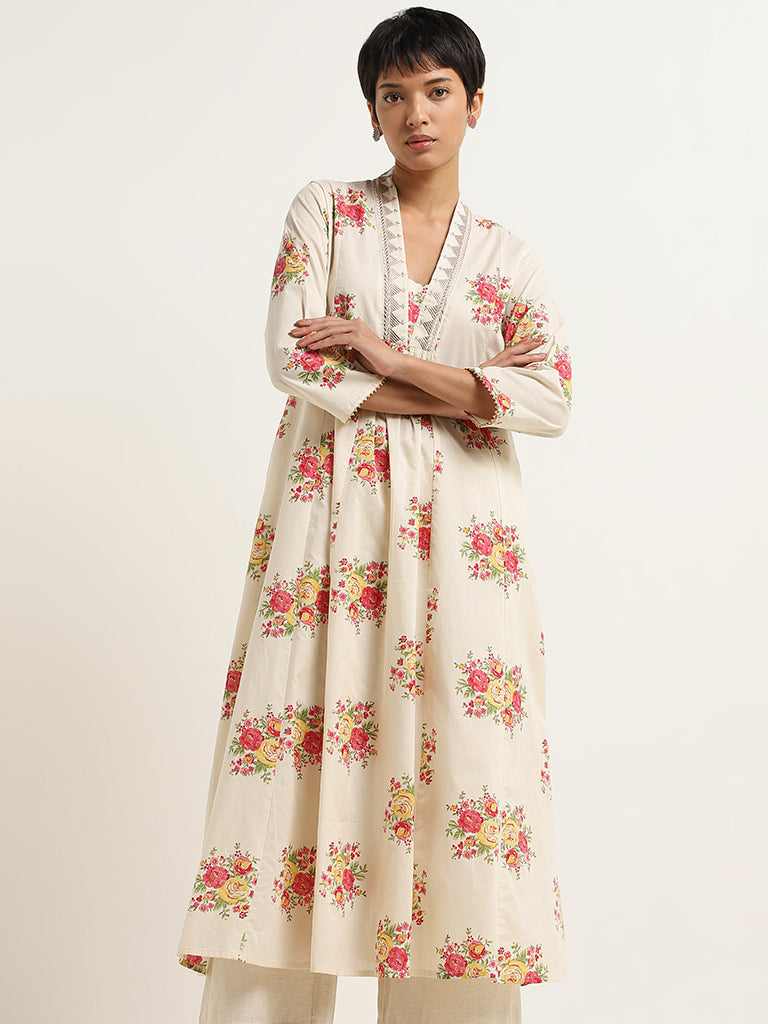 Utsa Off-White Floral Print Cotton Kurta