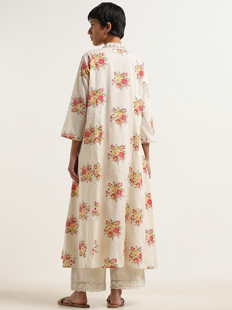 Utsa Off-White Floral Print Cotton Kurta