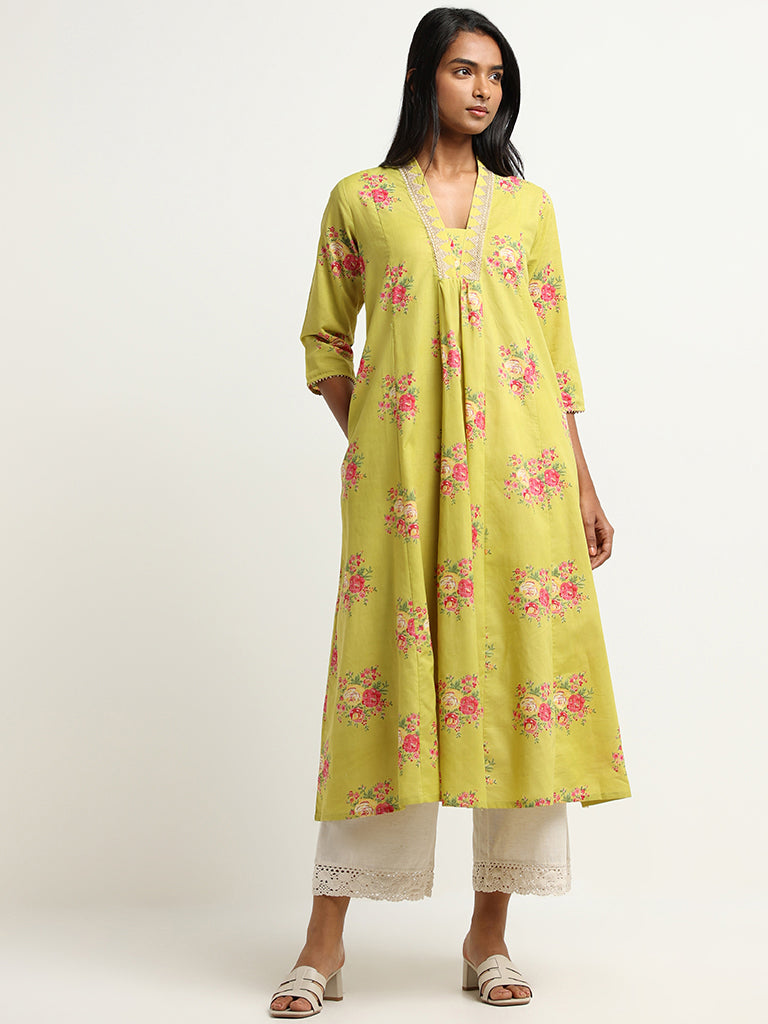 Utsa Yellow Floral A-Line Kurta