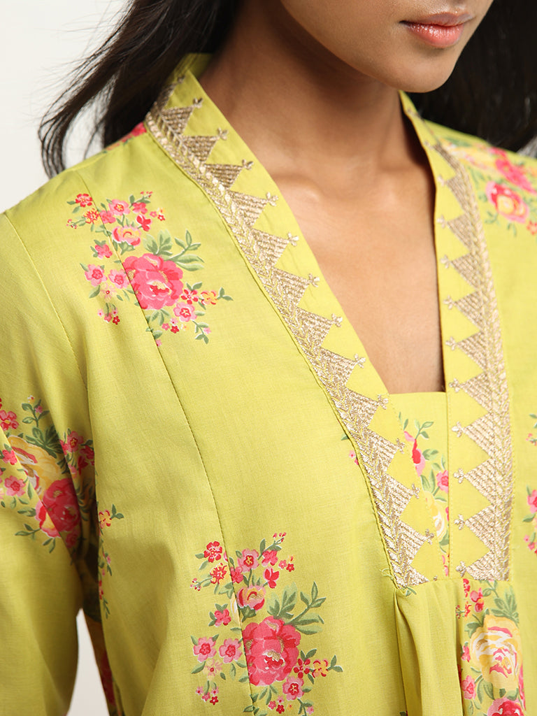 Utsa Yellow Floral A-Line Kurta