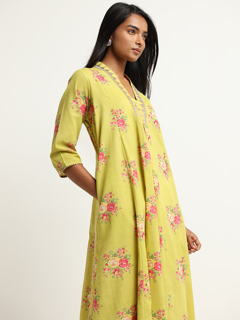 Utsa Yellow Floral A-Line Kurta