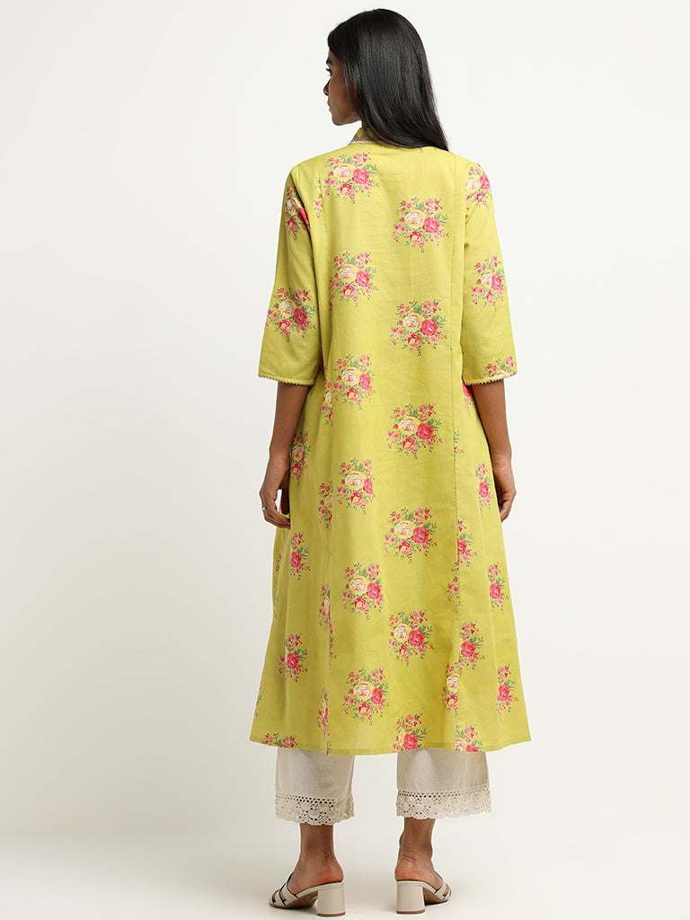 Utsa Yellow Floral A-Line Kurta