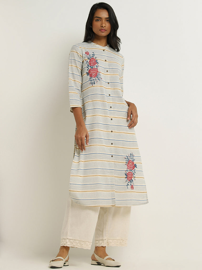 Utsa Blue Striped Floral Embroidered Blended Linen Kurta