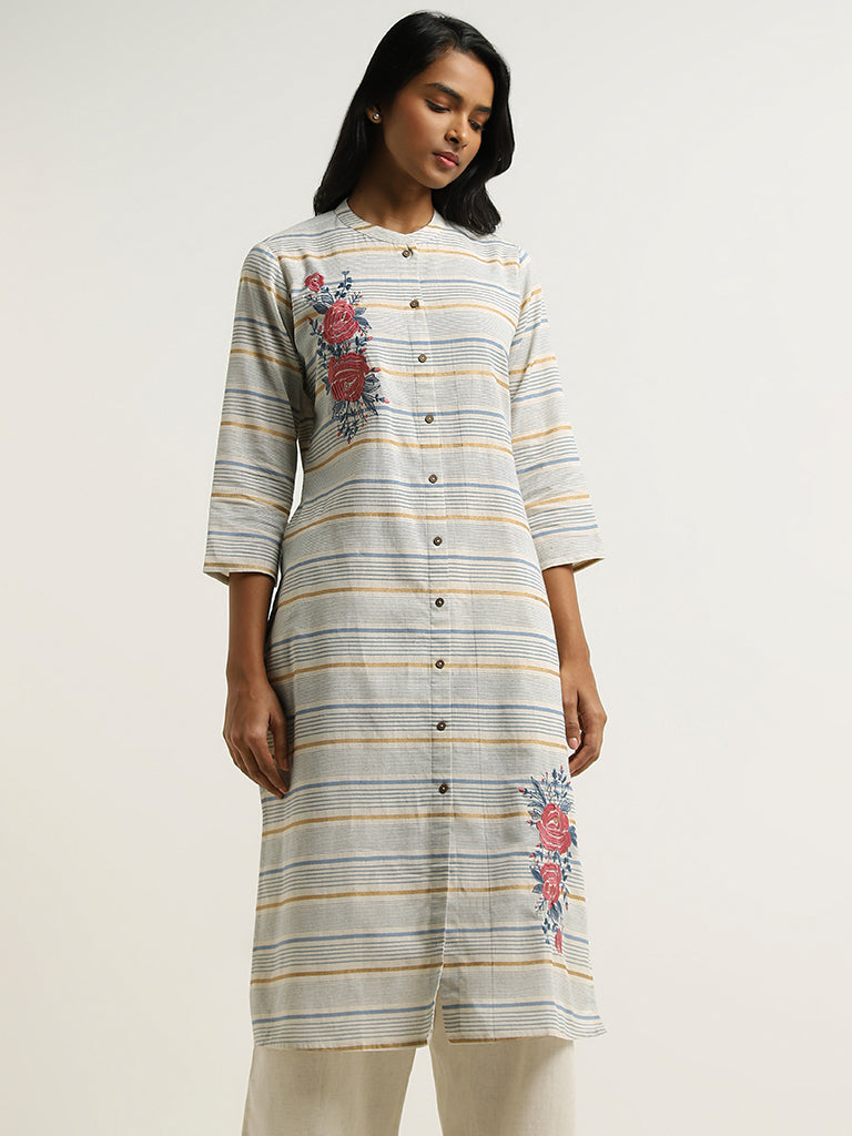 Utsa Blue Striped Floral Embroidered Blended Linen Kurta