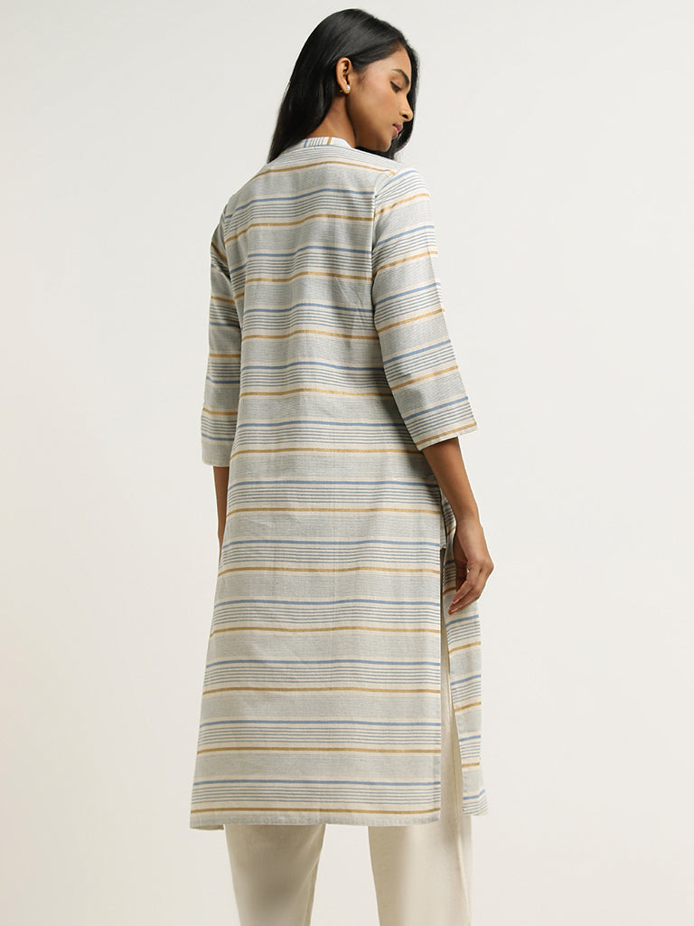 Utsa Blue Striped Floral Embroidered Blended Linen Kurta