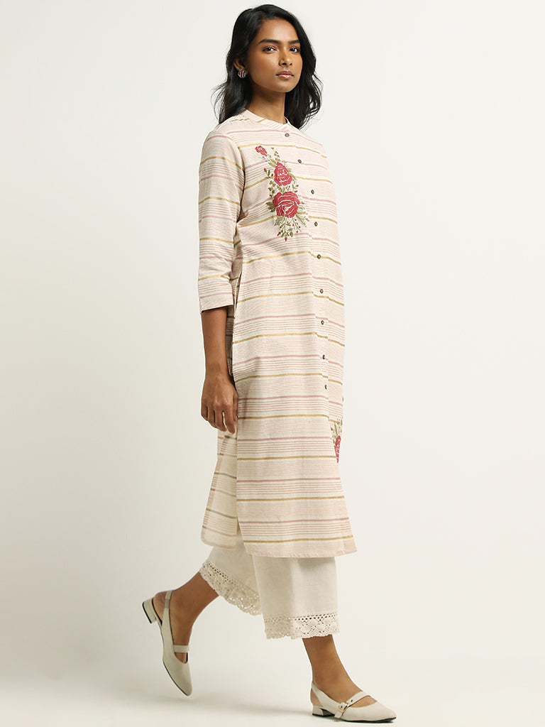 Utsa Pink Floral Embroidered Blended Linen Kurta