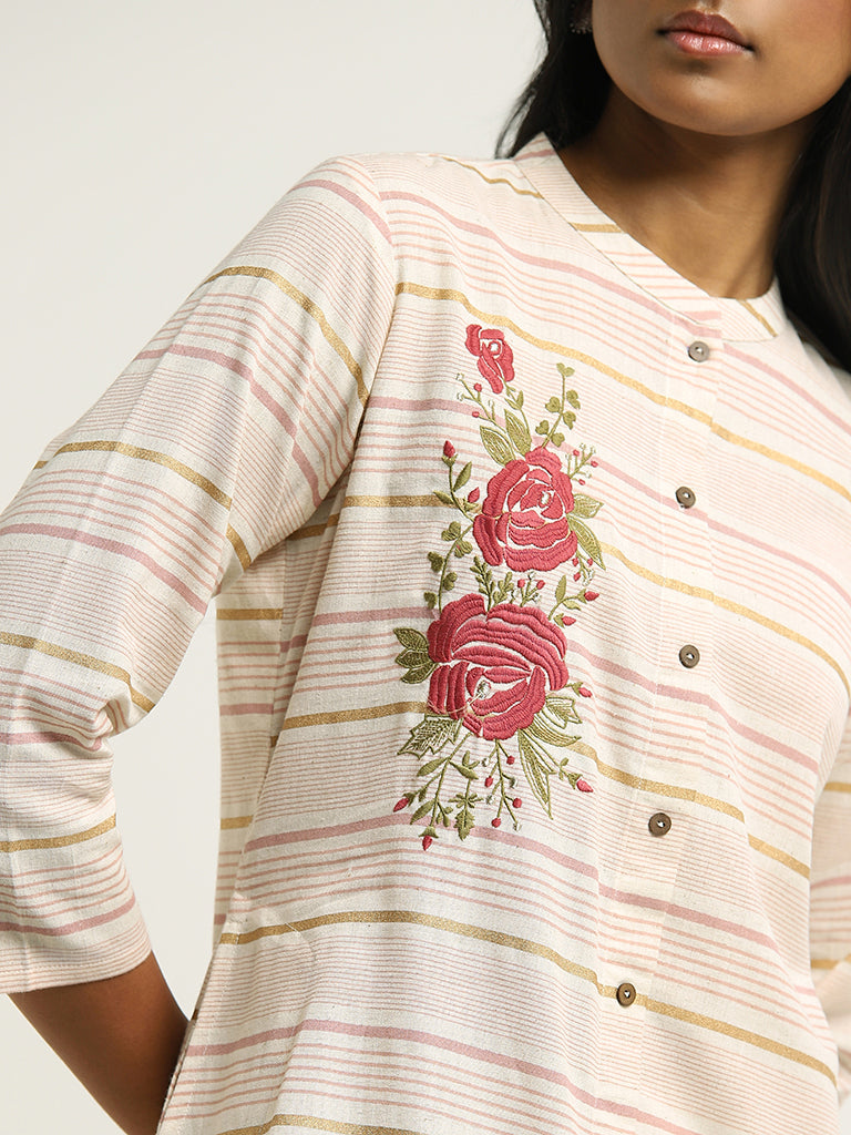 Utsa Pink Floral Embroidered Blended Linen Kurta