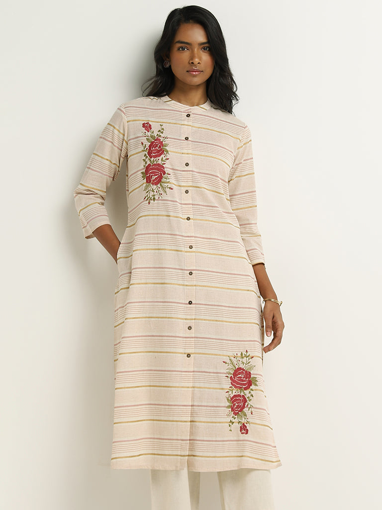 Utsa Pink Floral Embroidered Blended Linen Kurta