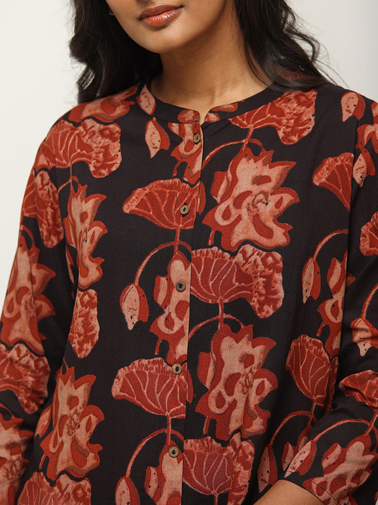 Utsa Black Floral Print Kurta