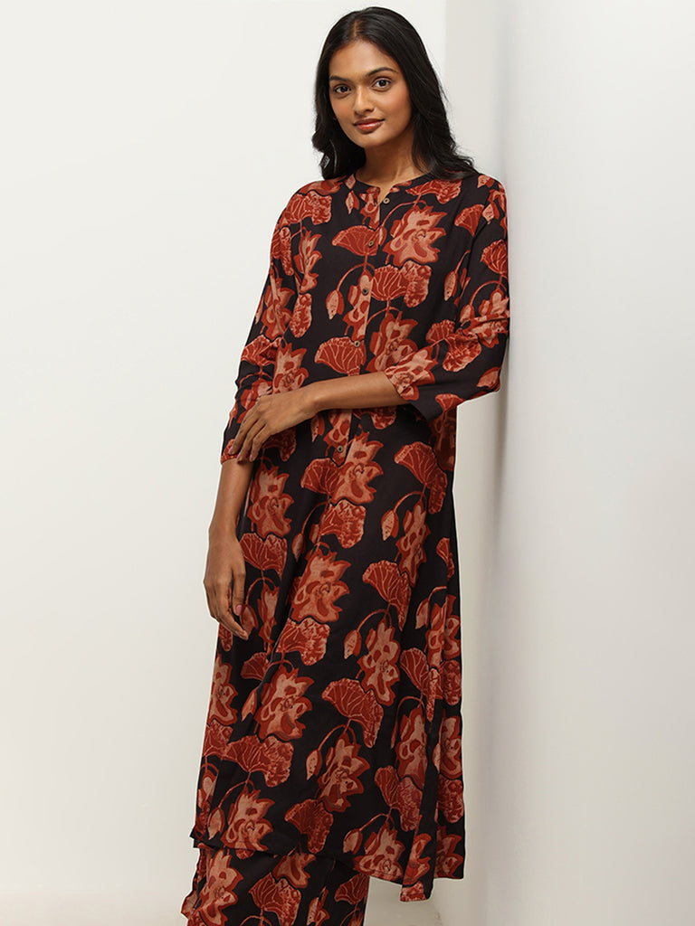 Utsa Black Floral Print Kurta